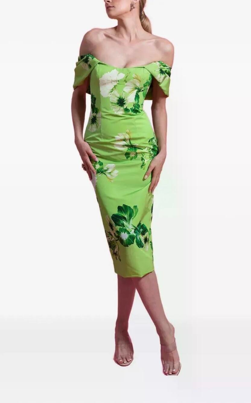 Monique Lhuillier Off The Shoulder Midi Dress in Lime Multi 6